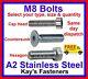 Kays Fasteners M8/8mm A2 Stainless Steel Bolts, Kayfast