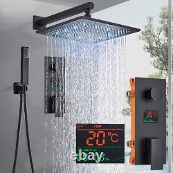 LED Black Concealed Bathroom Shower Mixer Set Rain Head Hand Spray Square Valve