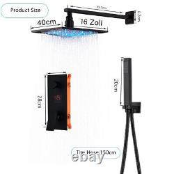 LED Black Concealed Bathroom Shower Mixer Set Rain Head Hand Spray Square Valve