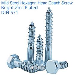 M10 10mm HEX HEXAGON HEAD COACH SCREWS WOOD SCREWS BRIGHT ZINC PLATED DIN 571
