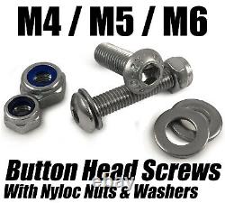 M4 M5 M6 A2 Button Head Screws + Nyloc Nuts Washers Stainless Steel Socket Bolts