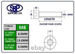 M8 Cap Head Socket Screw Allen Bolt Steel Grade 12.9 Zinc Plated DIN912 8MM/8mm