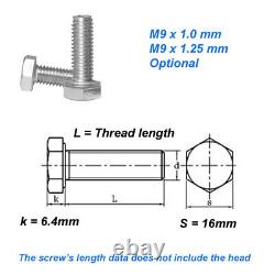 M9 Hexagon Head BoltsHex Head Screws Pitch M9x1 / M9x1.25 304 Stainless Steel