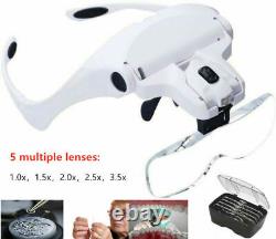 Magnifying Glass Headset 2 LED Light Head Headband Magnifier 5 Lens With Box UK