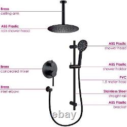 Matt Black Concealed Shower Mixer Ceiling Arm Set Dual Round Head Riser Rail Kit