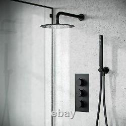 Matt Black Round Ceiling Rainfall Shower Head Thermostatic Mixer Valve Kit Mel