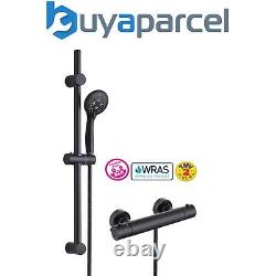 Matt Black Thermostatic Round Bar Mixer Shower Valve + Riser Rail + Head + Hose