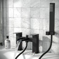 Matt Black Waterfall Bath Shower Mixer Tap with Overhead Rainfall Shower Head Set