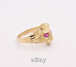 Men's Unisex Lion Head Ring Ruby Eyes & CZ Real Solid 10K Yellow Gold Size 7