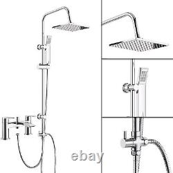 Modern Chrome Bath Shower Mixer Tap & 3 Way Square Shower Rigid Riser Rail Kit