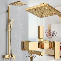 Modern Gold Exposed Bathroom Shower Mixer Twin Head Bar Set Square Valve Brass