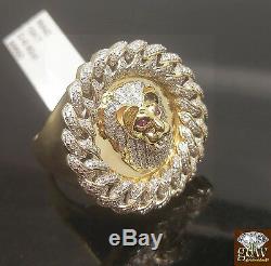REAL 10k Yellow Gold, Real 0.82 CT Diamond Lion Head Pinky Ring, Red Eye, Cuban N
