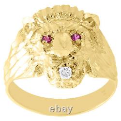 Real 10K Yellow Gold Mens Lion Head Pinky Ring 18mm Fancy Band Created Ruby Eyes