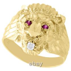 Real 10K Yellow Gold Mens Lion Head Pinky Ring 18mm Fancy Band Created Ruby Eyes