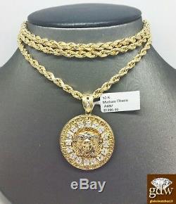 Real 10k Yellow Gold Medusa Head Charm Pendant 28 inch Rope Chain Necklace Men