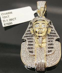 SOLID 10k Gold Pharaoh Head Pendant 1.29 CT Genuine Diamond Egyptian Charm REAL