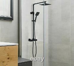 Square Black Thermostatic Dual Control Twin Head Shower Mixer Ultra Thin + Kit