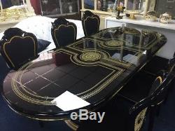 Versace Italian High Gloss Dining Extending Table & 8 Medusa Head Fabric Chairs