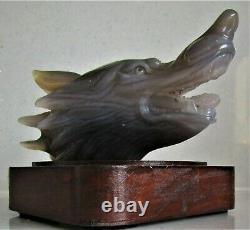 Wolf Head Carving Grey Agate & Crystal Drusy Quartz 628g Wooden Stand Included