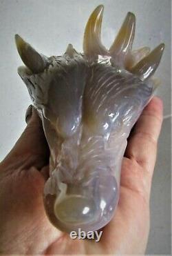 Wolf Head Carving Grey Agate & Crystal Drusy Quartz 628g Wooden Stand Included